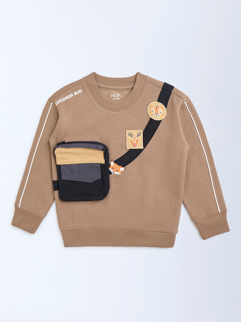 HOP Kids Brown Pouch Detailed Cotton-Blend Sweatshirt