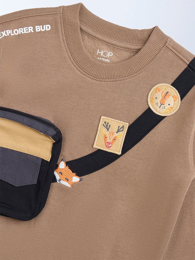 HOP Kids Brown Pouch Detailed Cotton-Blend Sweatshirt