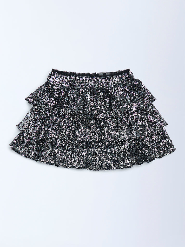 HOP Kids Black Sequin Embellished High-Rise Tiered Skirt