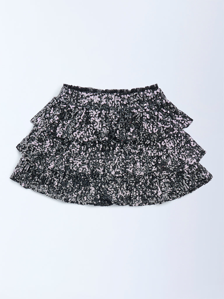 HOP Kids Black Sequin Embellished High-Rise Tiered Skirt