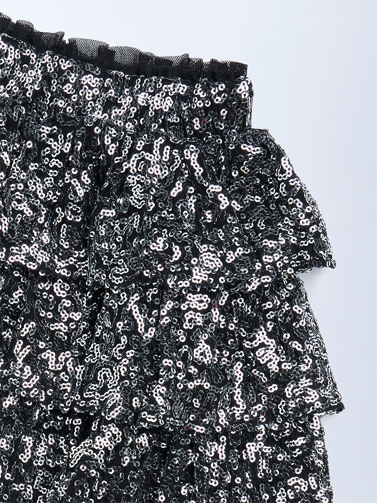 HOP Kids Black Sequin Embellished High-Rise Tiered Skirt