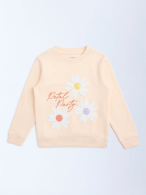 HOP Kids Peach Floral Embroidered Cotton-Blend Sweatshirt