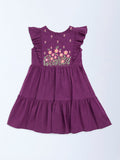 Utsa Kids Purple Floral Embroidered Tiered Cotton-Blend Dress - (2-8 yrs)