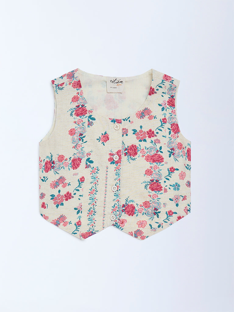 Utsa Kids Off-White Floral Cotton-Blend Waistcoat - (2-8 yrs)