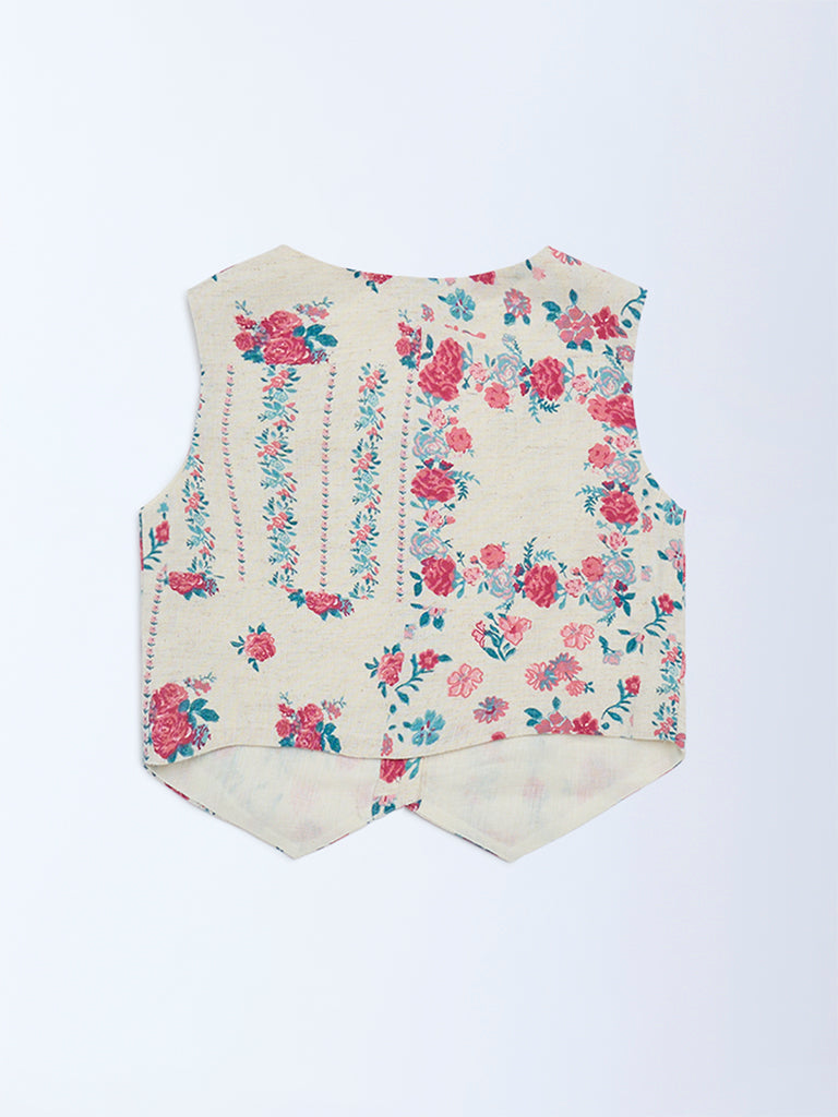 Utsa Kids Off-White Floral Cotton-Blend Waistcoat - (2-8 yrs)