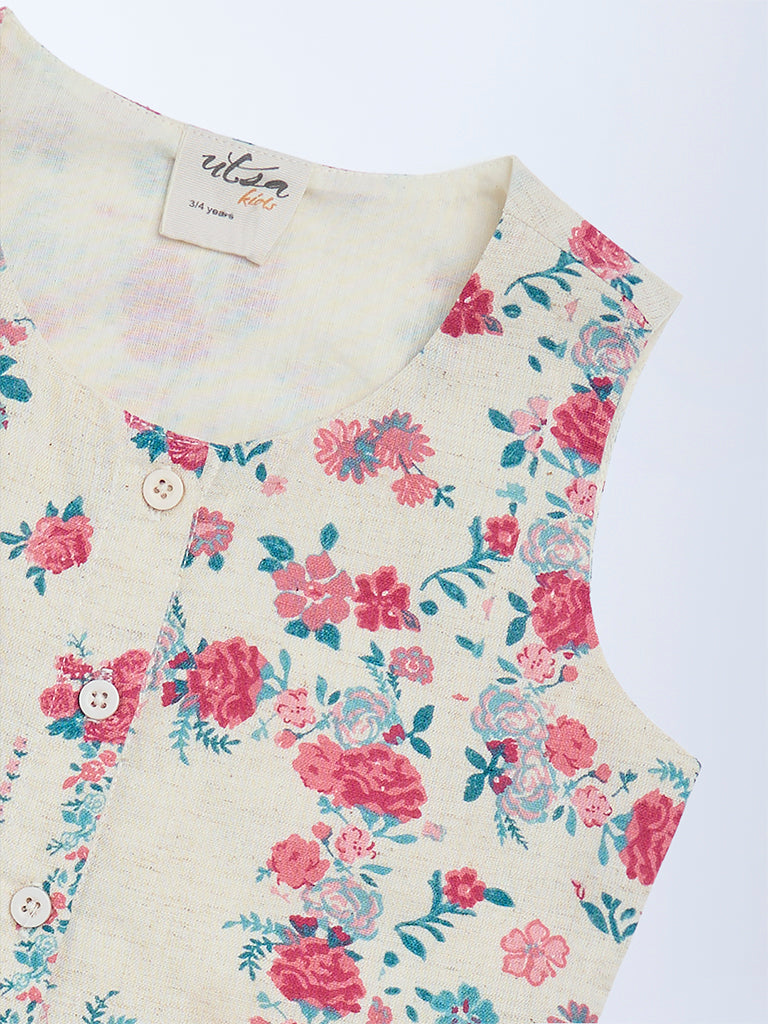 Utsa Kids Off-White Floral Cotton-Blend Waistcoat - (2-8 yrs)