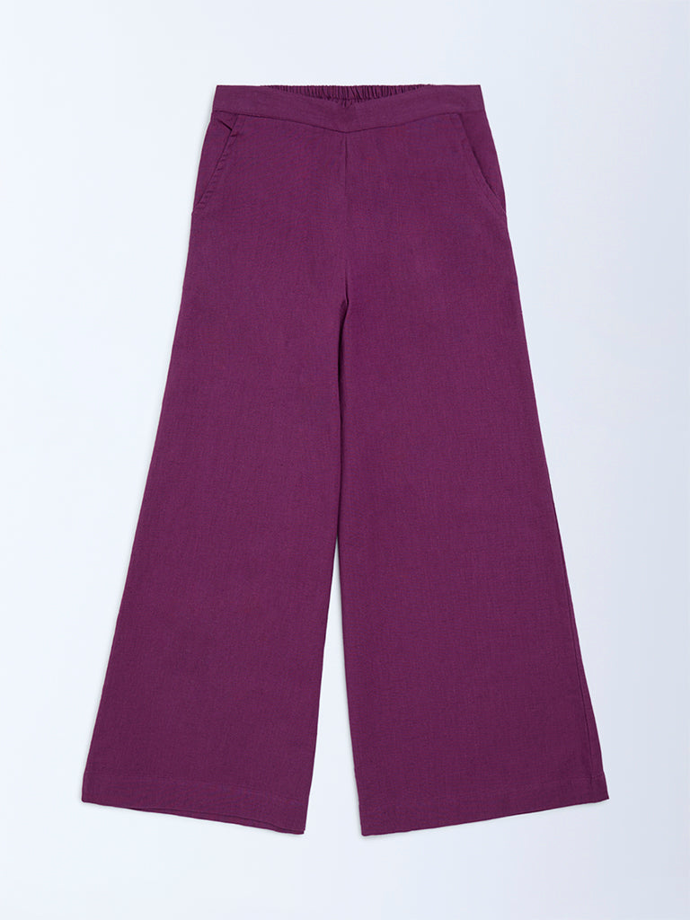 Utsa Kids Purple Solid Cotton-Blend Pants (8-14 years)