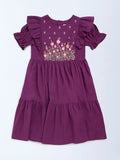 Utsa Kids Purple Floral Embroidered Tiered Cotton-Blend Dress - (8-14 yrs)