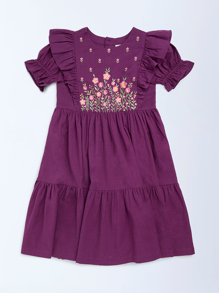 Utsa Kids Purple Floral Embroidered Tiered Cotton-Blend Dress - (8-14 yrs)