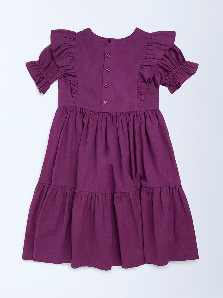 Utsa Kids Purple Floral Embroidered Tiered Cotton-Blend Dress - (8-14 yrs)