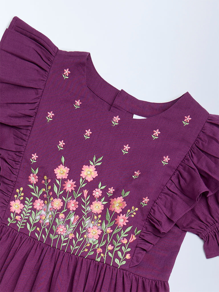 Utsa Kids Purple Floral Embroidered Tiered Cotton-Blend Dress - (8-14 yrs)