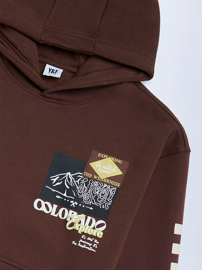 Y&F Kids Dark Brown Printed Cotton-Blend Hoodie