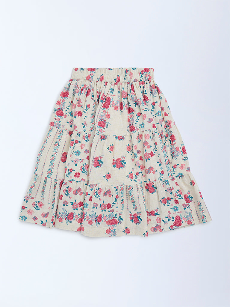 Utsa Kids Off-White Floral Pattern Cotton-Blend Tiered Skirt - (2-8yrs)