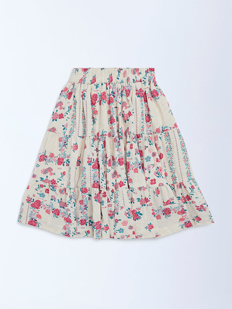 Utsa Kids Off-White Floral Pattern Cotton-Blend Tiered Skirt - (2-8yrs)