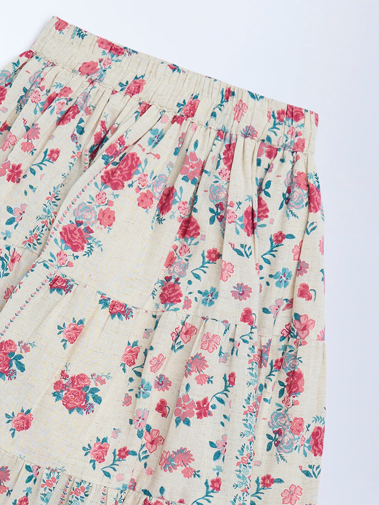 Utsa Kids Off-White Floral Pattern Cotton-Blend Tiered Skirt - (2-8yrs)