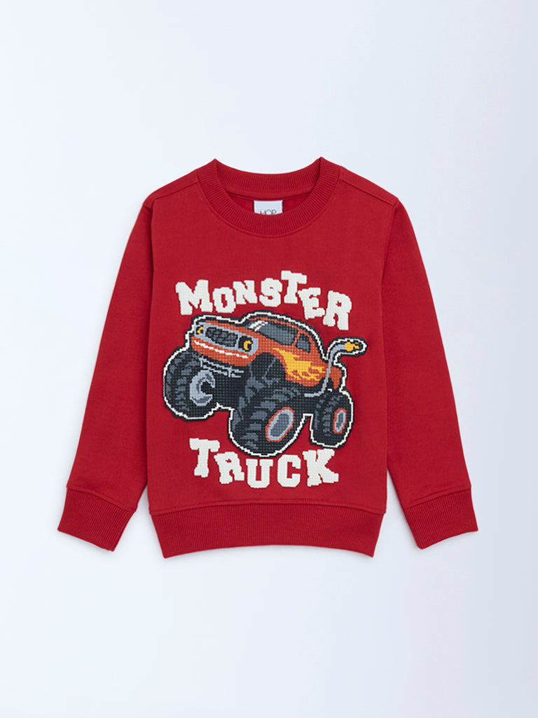 HOP Kids Red Truck Printed Cotton-Blend Sweatshirt