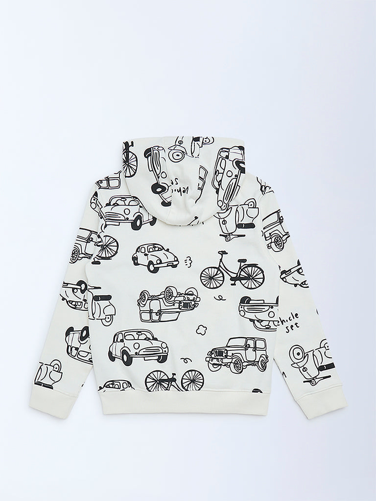 HOP Kids White Printed Cotton-Blend Hooded Jacket