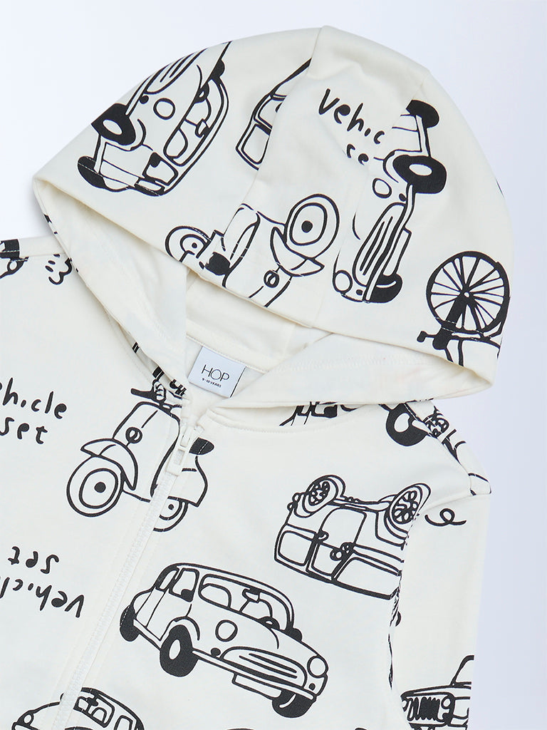 HOP Kids White Printed Cotton-Blend Hooded Jacket