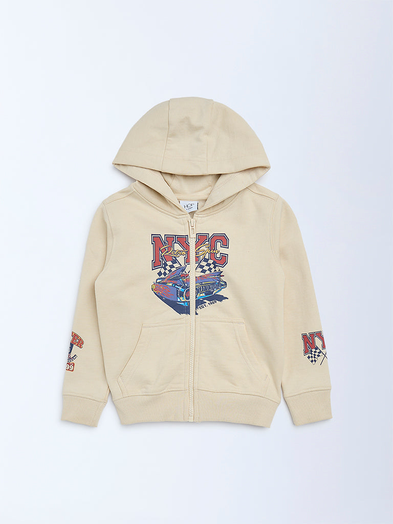 HOP Kids Beige Printed Cotton-Blend Hooded Jacket