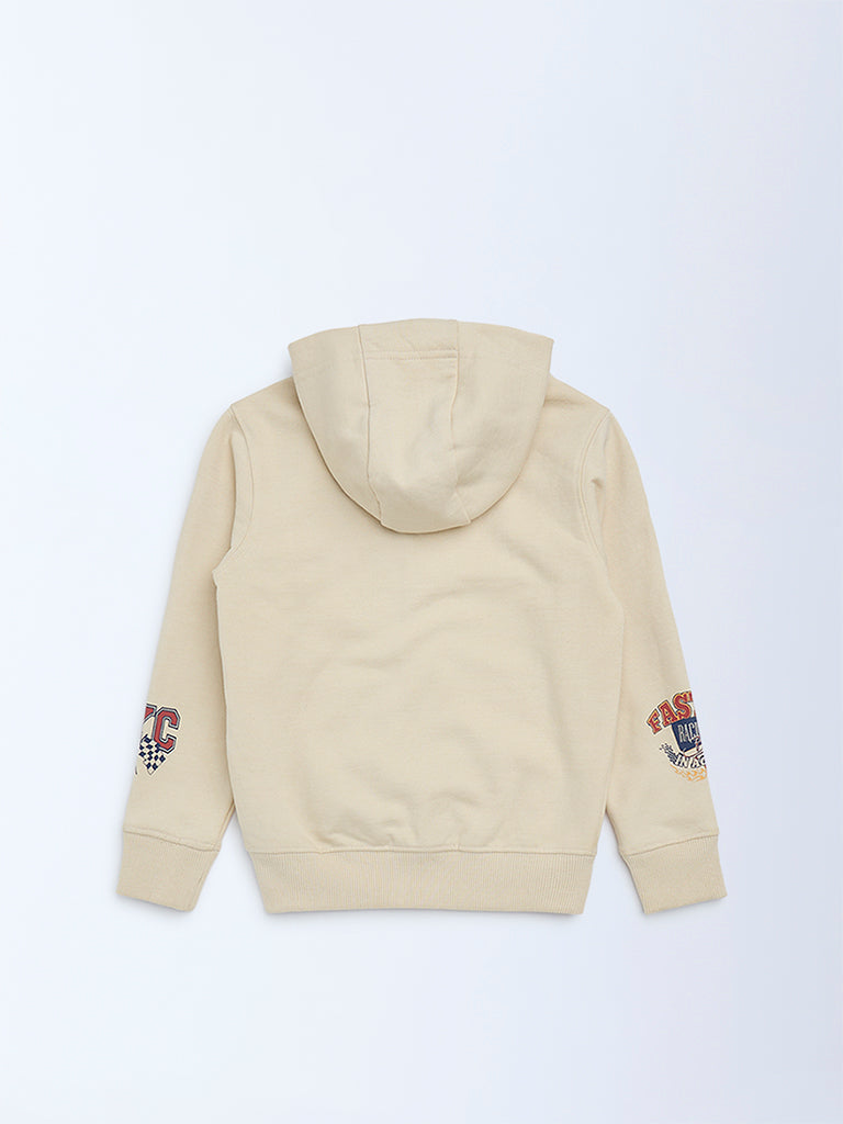 HOP Kids Beige Printed Cotton-Blend Hooded Jacket