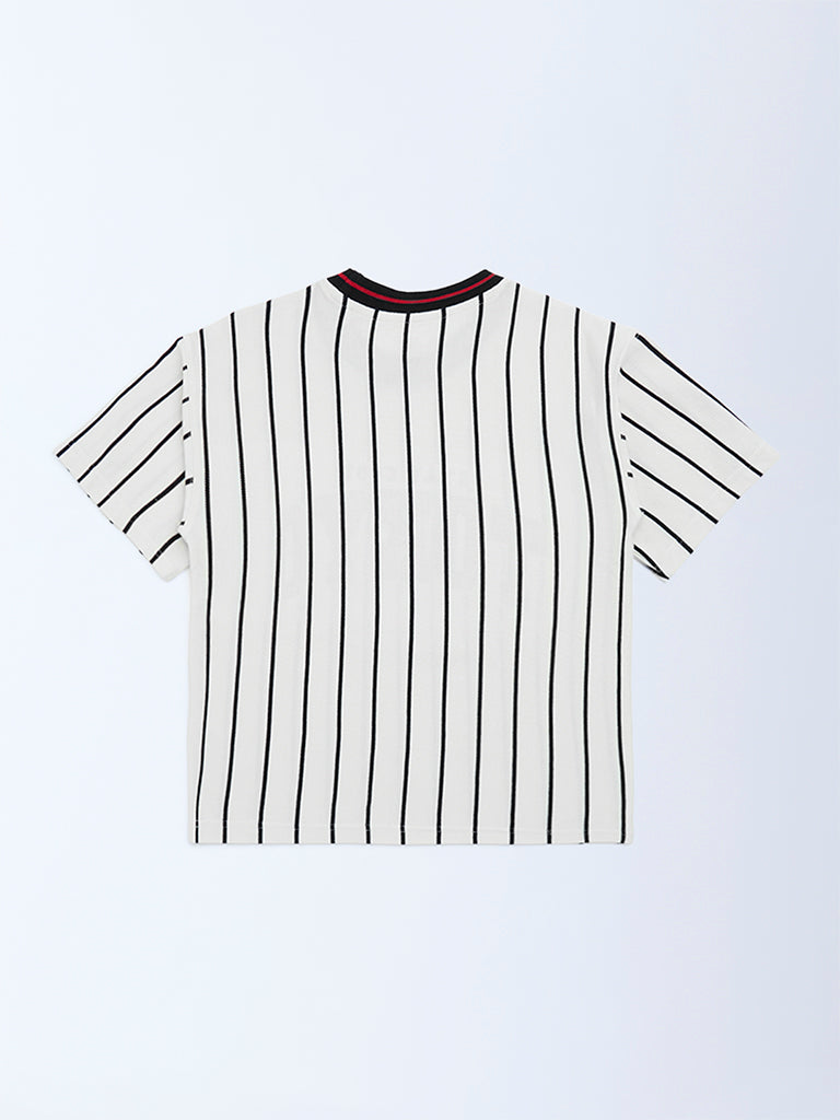 HOP Kids White Striped Cotton T-Shirt