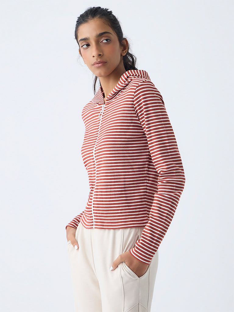 Studiofit Rust Striped Cotton-Blend Hooded Jacket