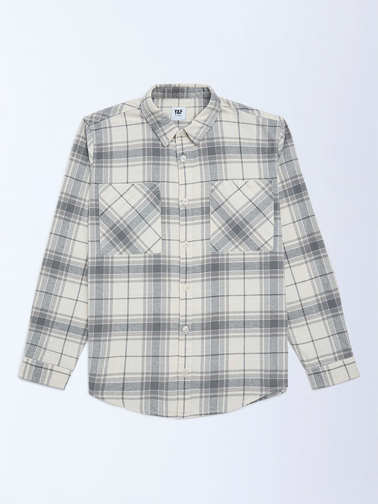 Y&F Kids Grey Checks Printed Cotton Shirt