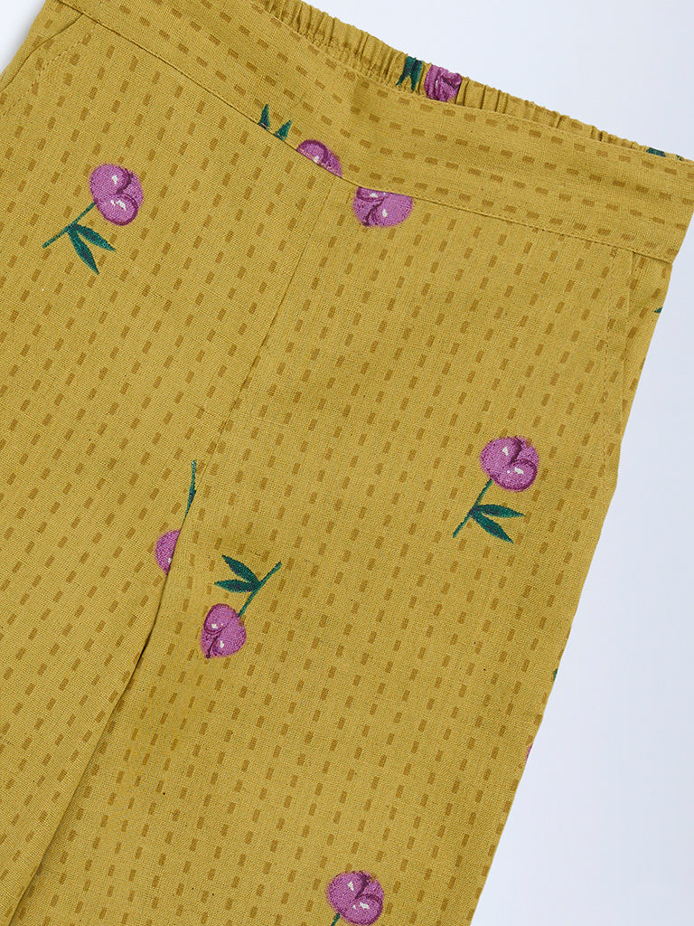 Utsa Kids Mustard Floral Cotton-Blend Pants - (2-8 years)