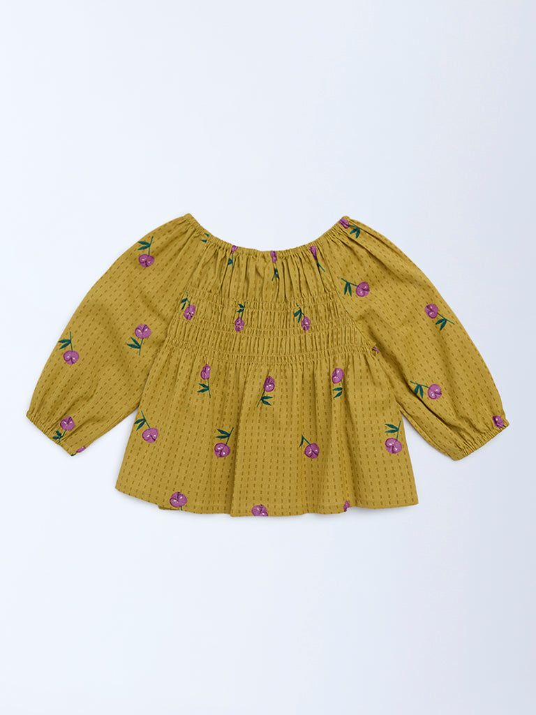 Utsa Kids Mustard Floral Cotton-Blend Top - (2-8 years)