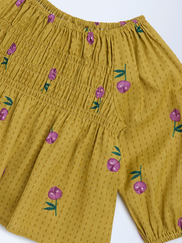 Utsa Kids Mustard Floral Cotton-Blend Top - (2-8 years)
