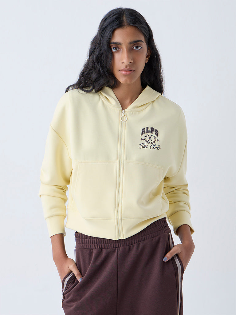 Studiofit Yellow Text Detailed Hooded Jacket