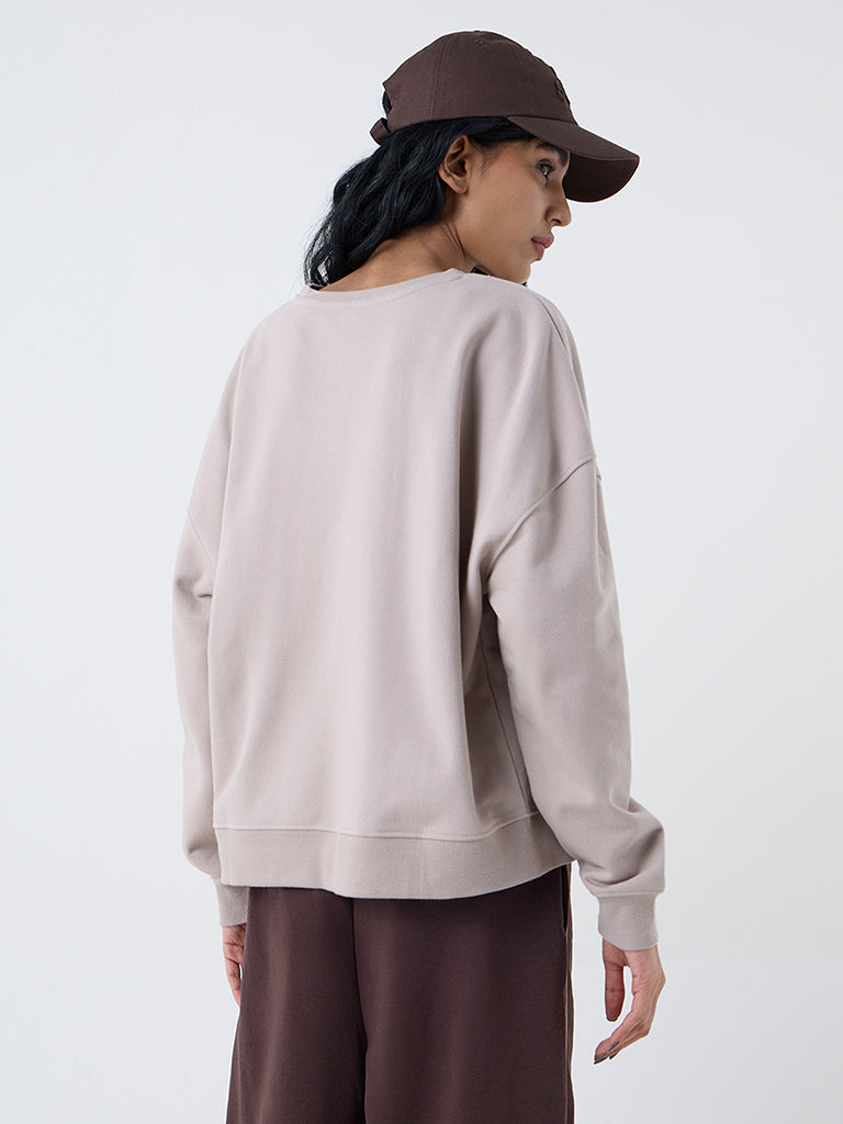 Studiofit Taupe Text Design Cotton-Blend Sweatshirt