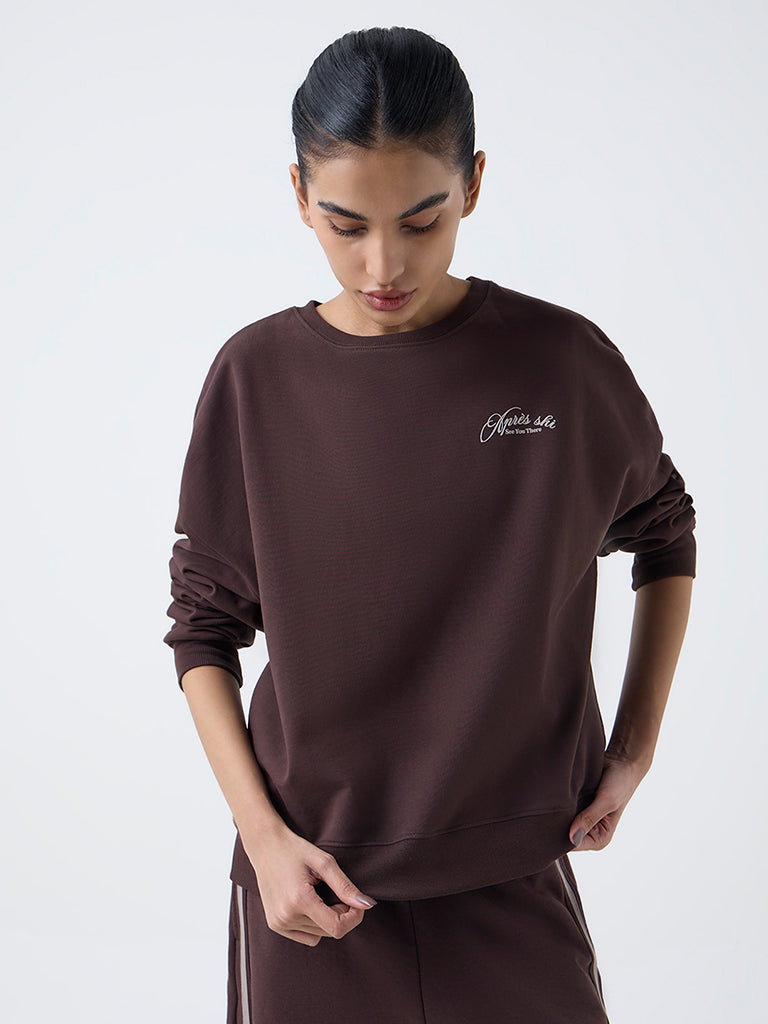 Studiofit Dark Brown Text Design Cotton-Blend Sweatshirt