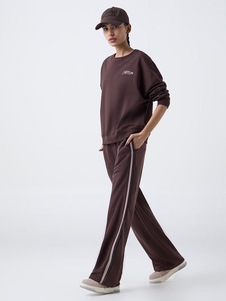 Studiofit Dark Brown Text Design Cotton-Blend Sweatshirt