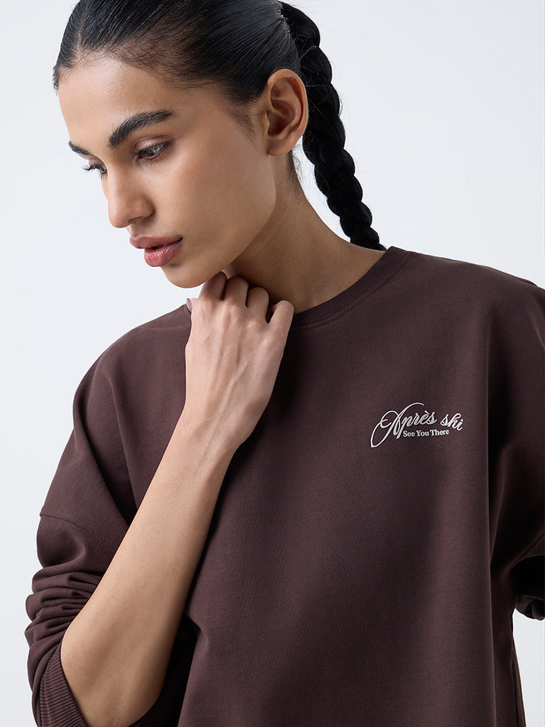 Studiofit Dark Brown Text Design Cotton-Blend Sweatshirt