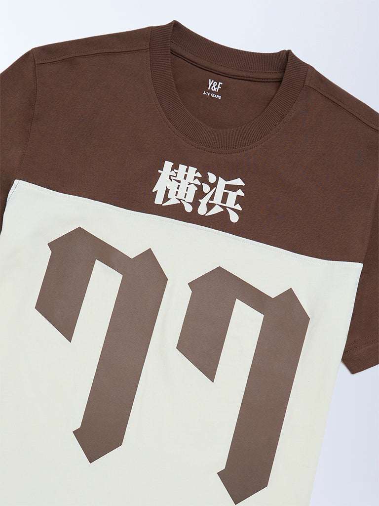 Y&F Kids Off-White Colour-Blocked Cotton T-Shirt