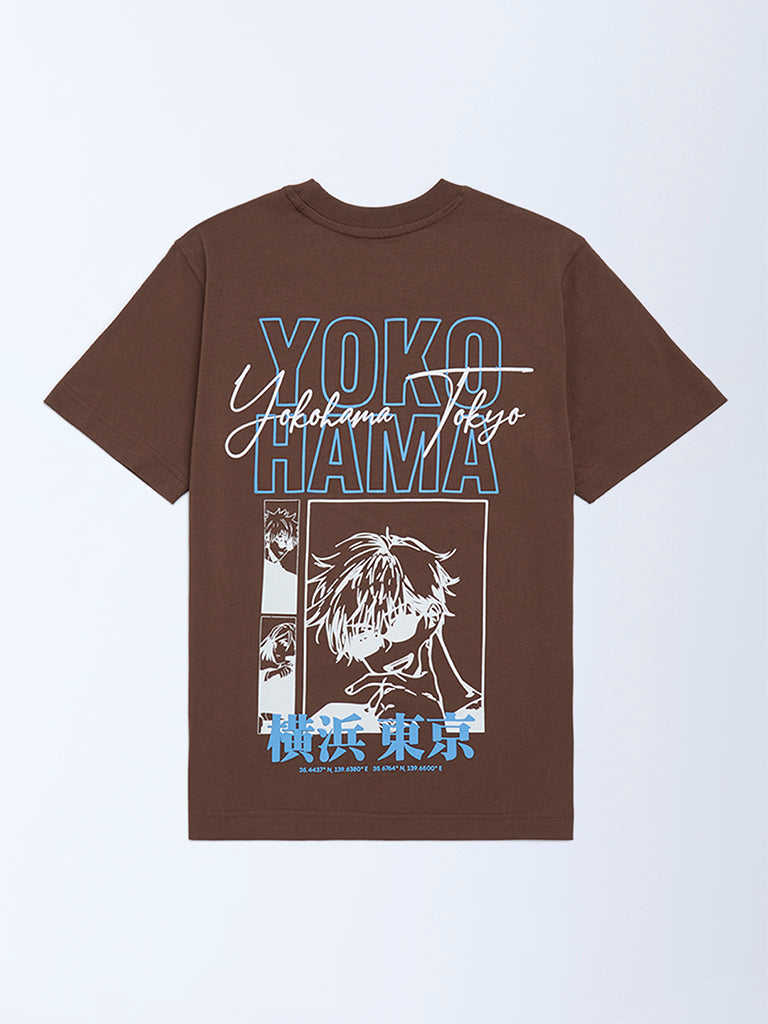 Y&F Kids Brown Printed Cotton T-Shirt