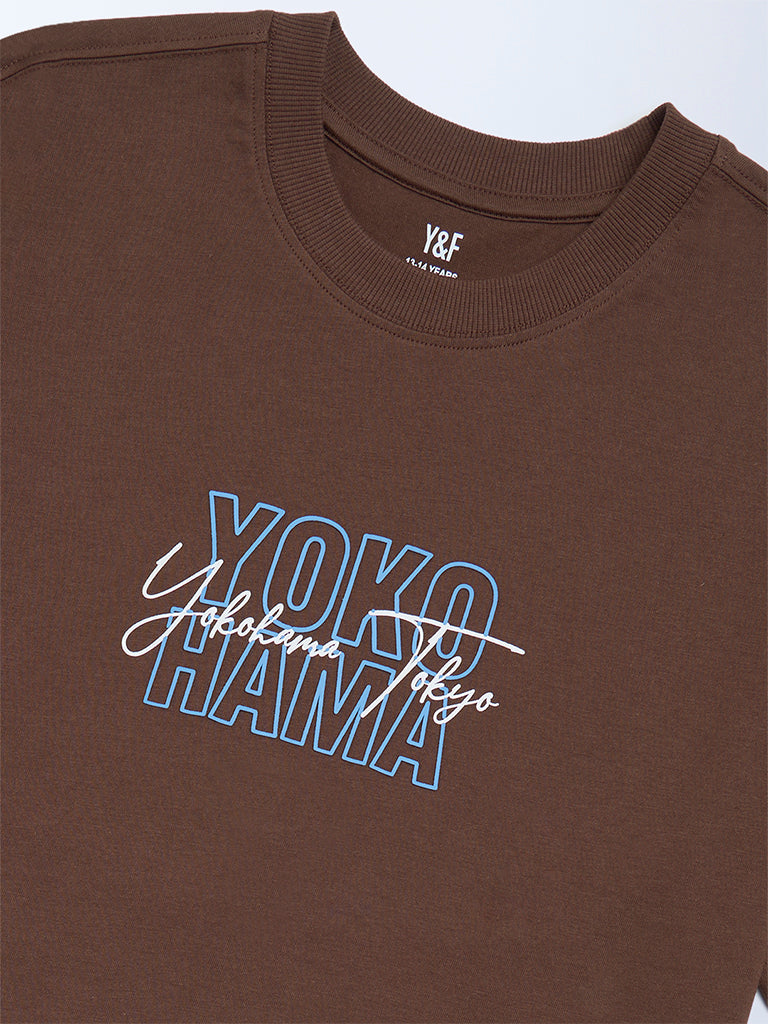 Y&F Kids Brown Printed Cotton T-Shirt