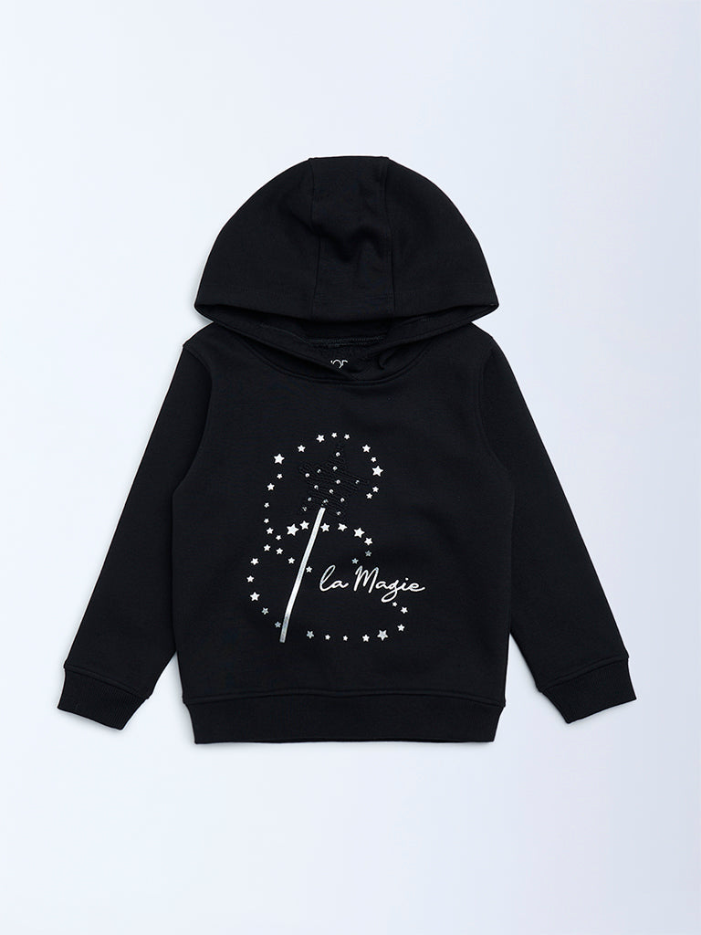 HOP Kids Black Printed Cotton-Blend Hoodie