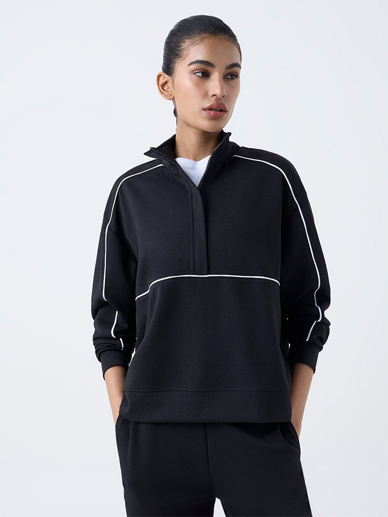 Studiofit Black Stripe Detailed Quarter-Zip Sweatshirt