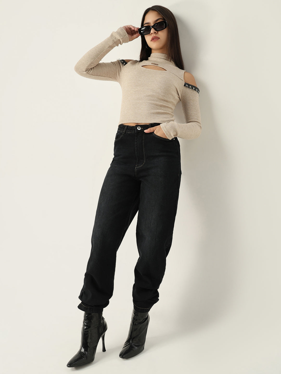 Women's Beige Solid High Neck Acrylic Top