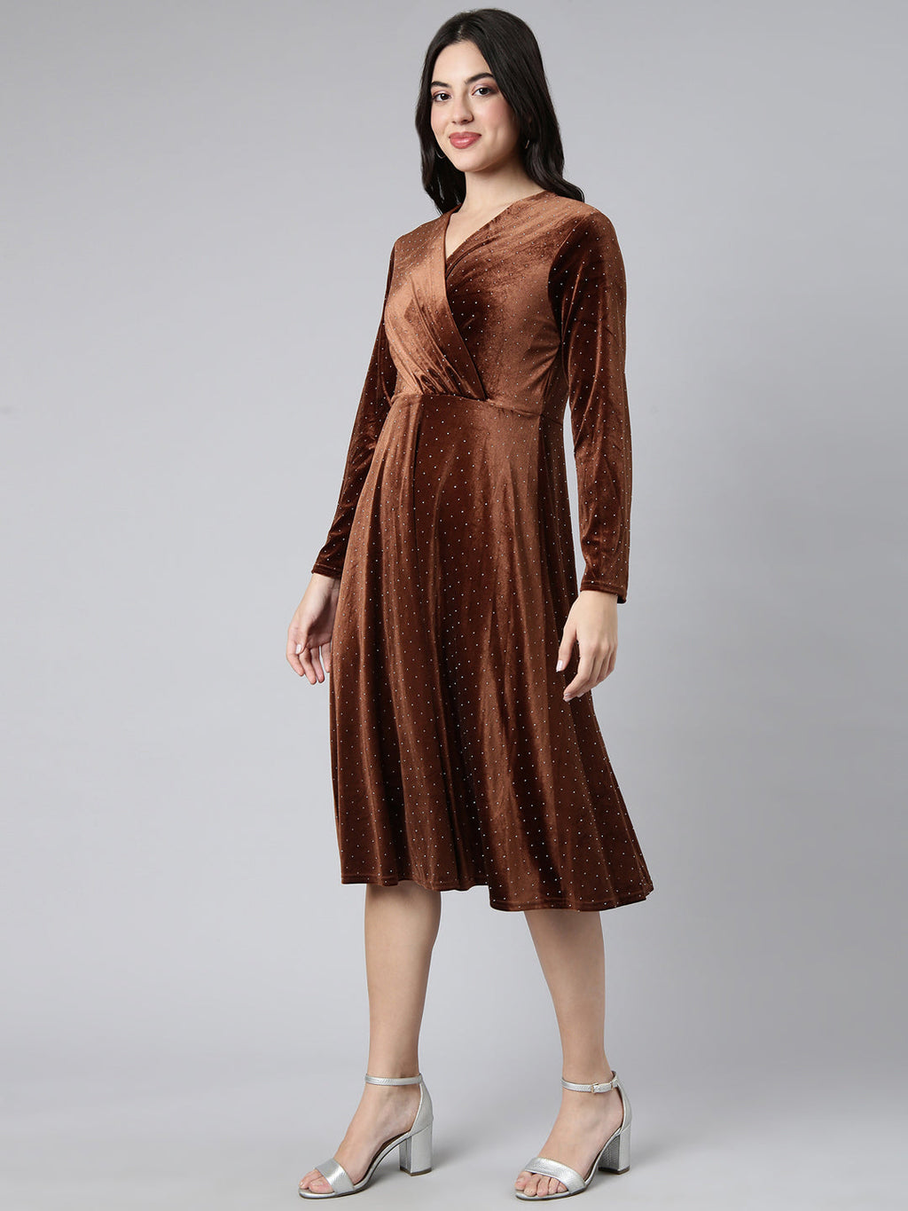 Women's Brown Print Velvet A-Line Midi Dress