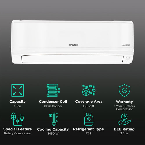 HITACHI iZen 3400SXL Convertible 1 Ton 3 Star Invertor Split AC with Anti Bacterial SuperFine Mesh Filter (Copper Condenser, RAS.G312PCBISS1)