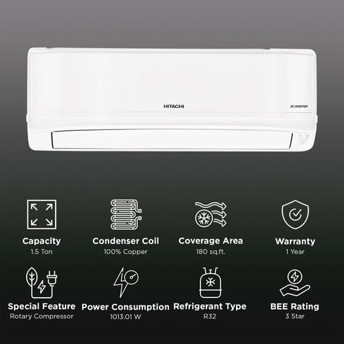 HITACHI iZen 3400SXL Convertible 1.5 Ton 3 Star Inverter Split AC with Penta Sensor (Copper Condenser, RAS.G318PCC2SS1)