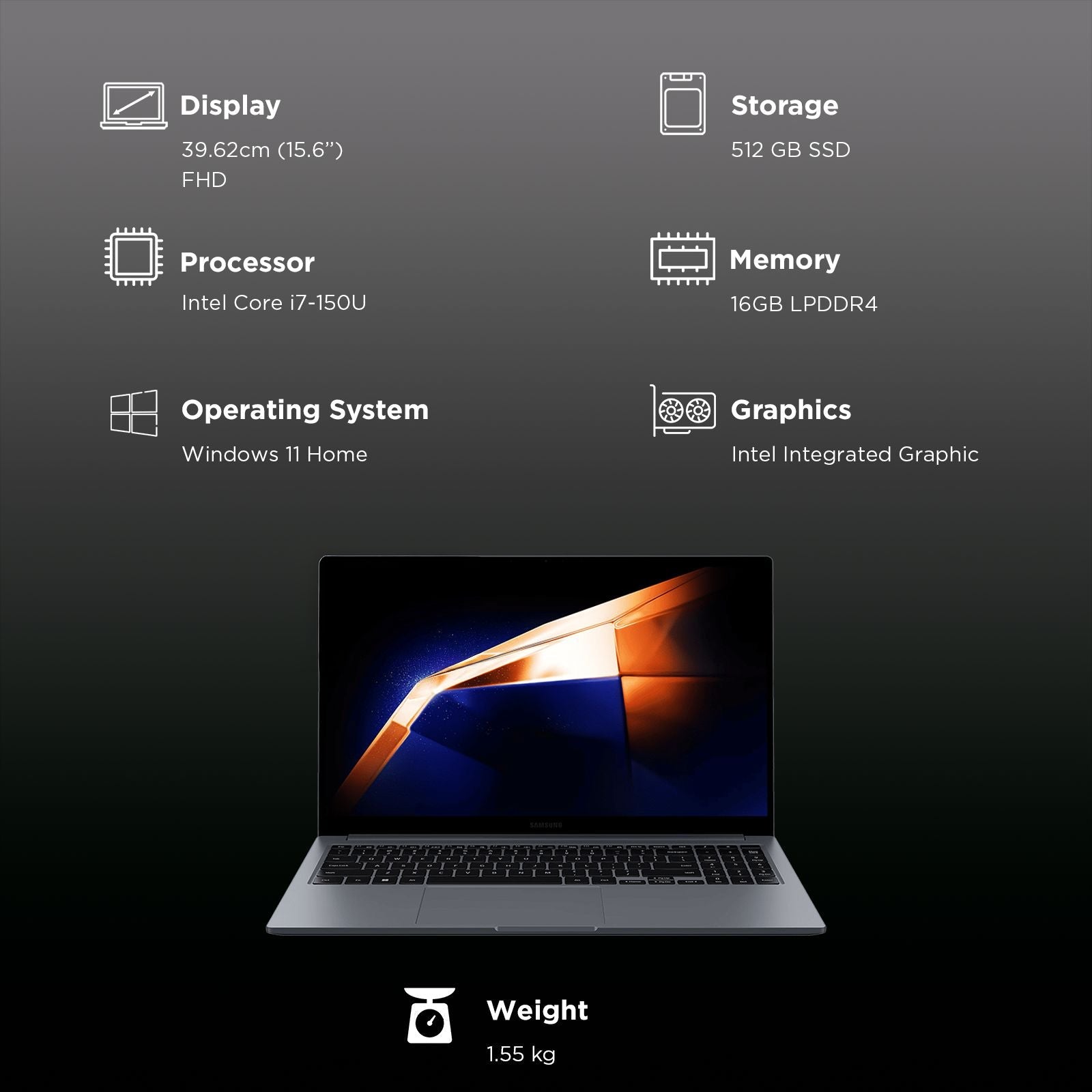 SAMSUNG Galaxy Book4 Intel Core 7 Thin & Light Laptop (16GB, 512GB SSD, Windows 11 Home, 15.6 inch Full HD LED Display, MS Office 2024, Gray, 1.55 KG)