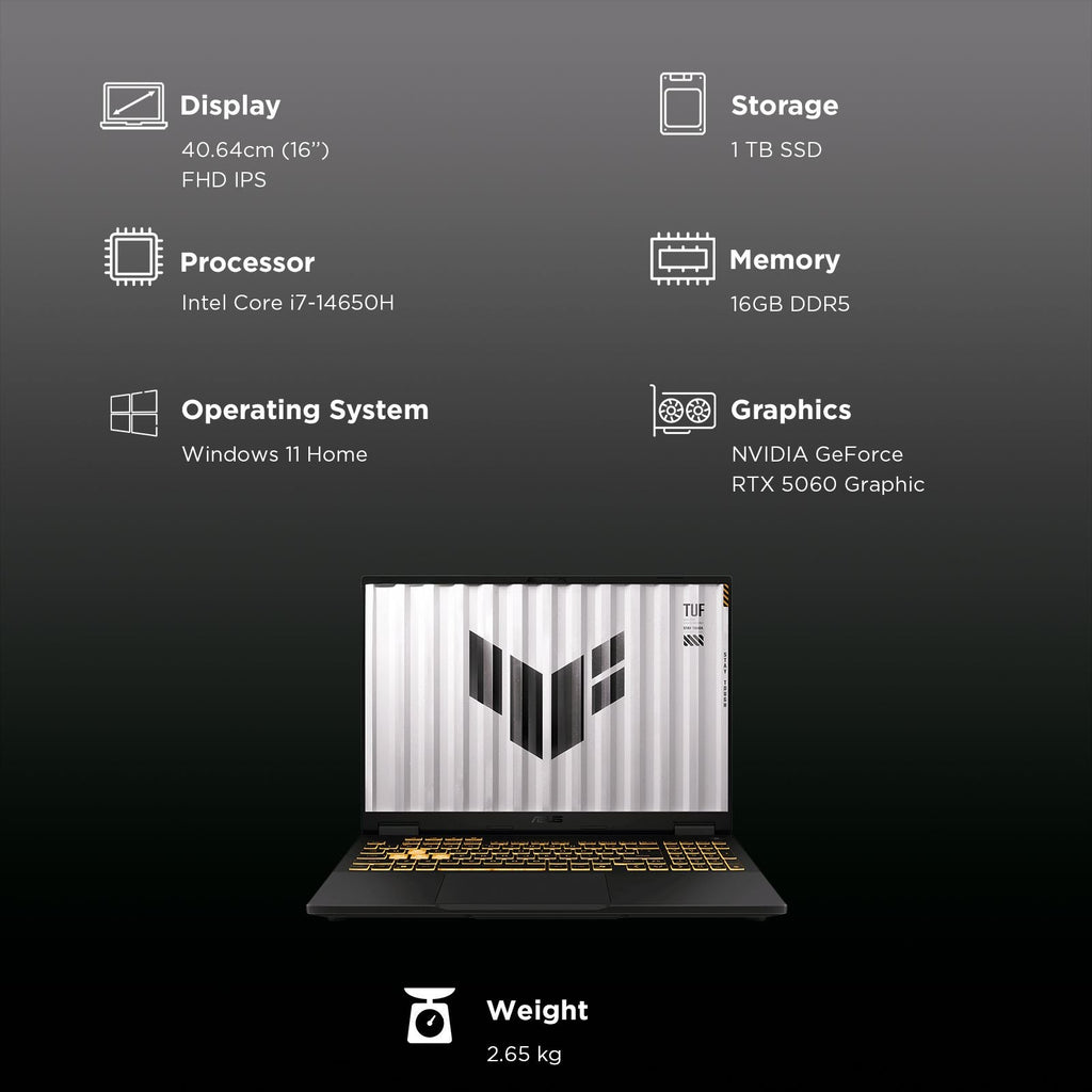 ASUS TUF F16 FX608JMR-RV049WS Intel Core i7 14th Generation Gaming Laptop (16GB, 1TB SSD, Windows 11 Home, 8GB Graphics, 16 inch 165 Hz Full HD IPS Display, NVIDIA GeForce RTX 5060, MS Office Home 2024, Jaeger Gray, 2.20 KG)