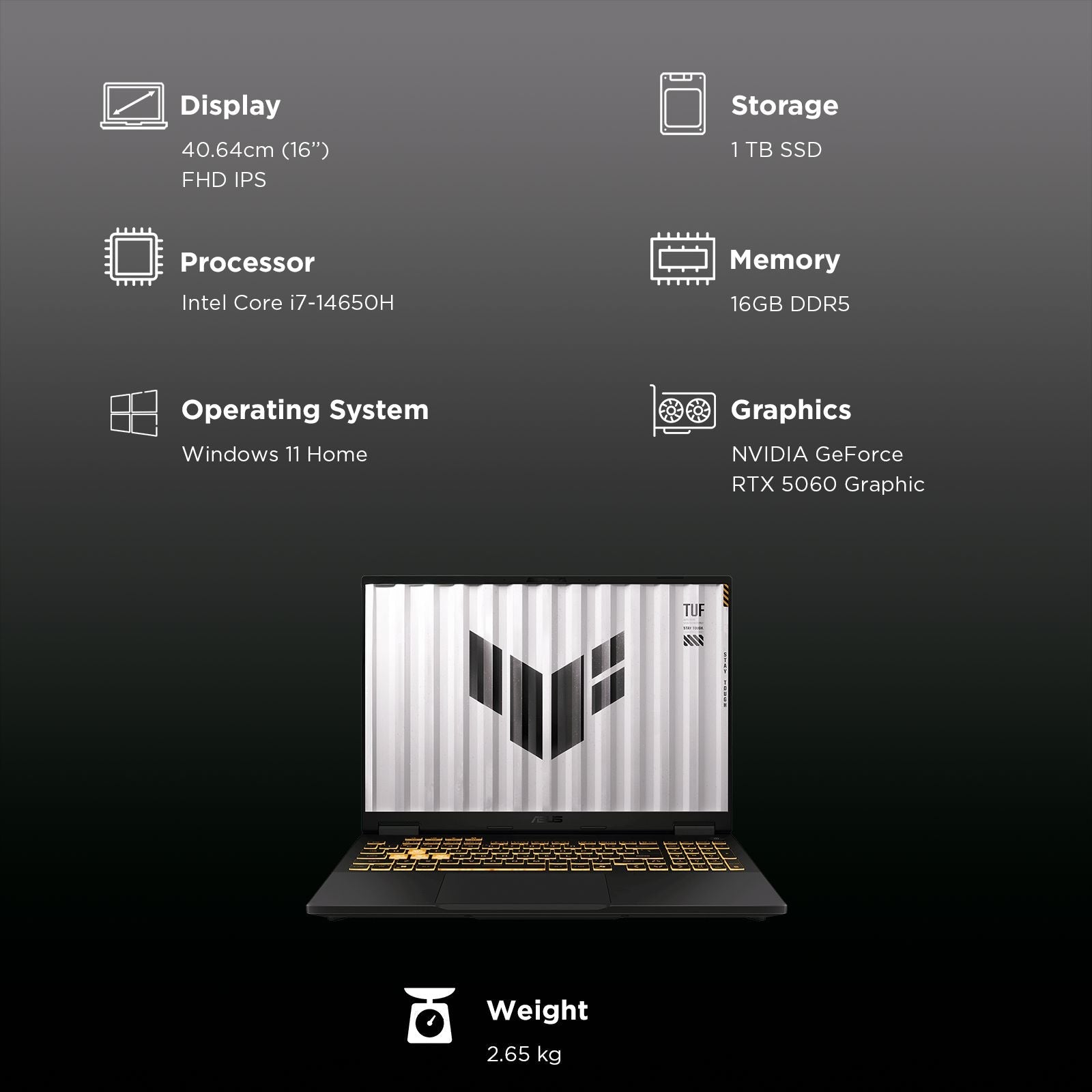 ASUS TUF F16 FX608JMR-RV049WS Intel Core i7 14th Generation Gaming Laptop (16GB, 1TB SSD, Windows 11 Home, 8GB Graphics, 16 inch 165 Hz Full HD IPS Display, NVIDIA GeForce RTX 5060, MS Office Home 2024, Jaeger Gray, 2.20 KG)