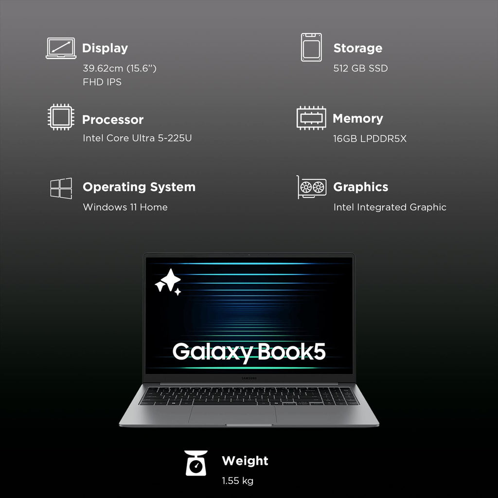SAMSUNG Galaxy Book5 Intel Core Ultra 5 Thin & Light Laptop (16GB, 512GB SSD, Windows 11 Home, 15.6 inch Full HD IPS Display, MS Office Home 2024, Gray, 1.55 KG)
