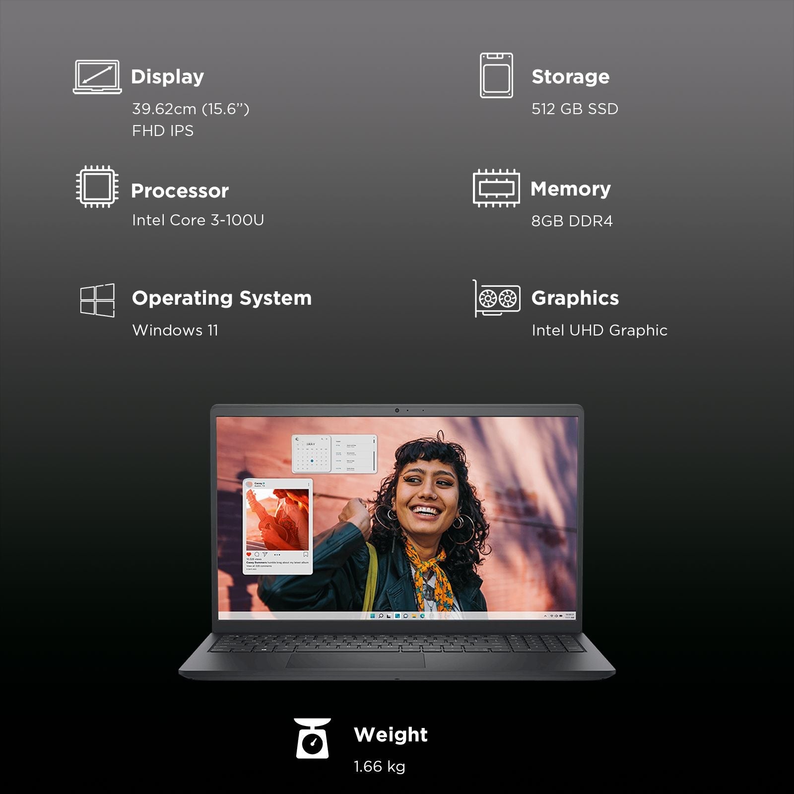 DELL DC 15250 Intel Core 3 Thin & Light Laptop (8GB, 512GB SSD, Windows 11, 15.6 inch Full HD IPS Display, MS Office Home 2024, Carbon Black, 1.66 KG)
