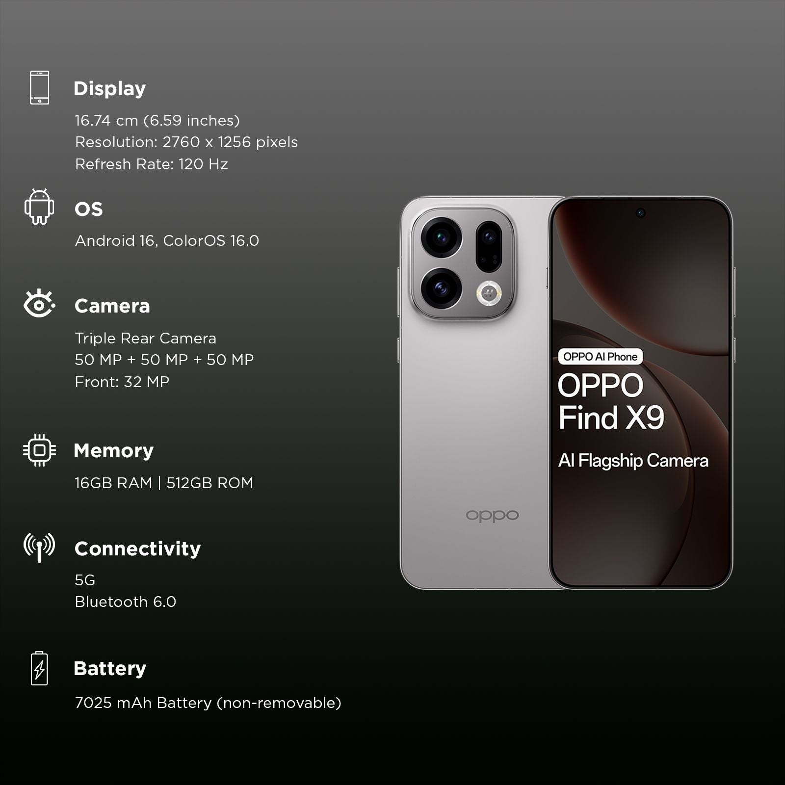 oppo Find X9 5G (16GB RAM, 512GB, Titanium Grey)